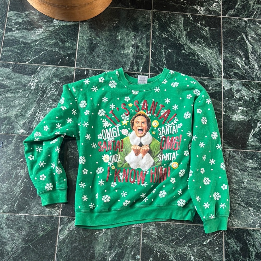 ELF Green and White Crewneck Sweater Festive Knit